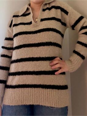 LOFT Taupe and Black Striped Open-Collar Sweater